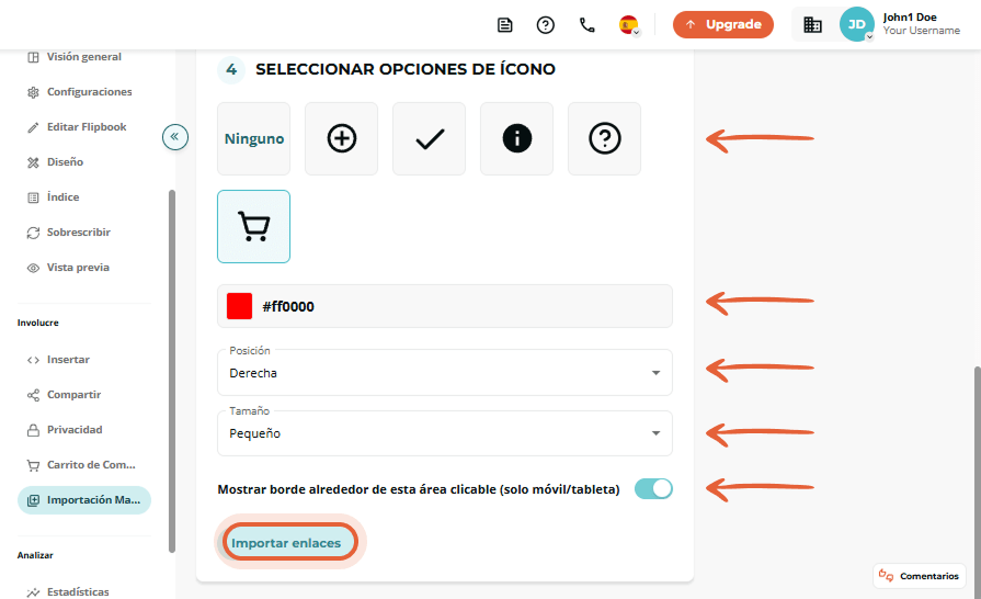 Paso 4 de importación masiva mostrando opciones de icono; carrito seleccionado y botón “Import links