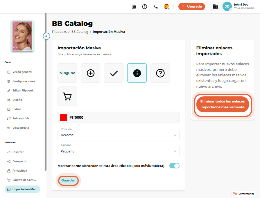 Panel de importación masiva con el botón rojo “Remove all bulk imported links” resaltado.
