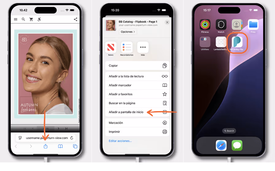 Tres pantallas de iPhone muestran cómo añadir una flipbook a la pantalla de inicio: abrir la flipboo Tres pantallas de iPhone muestran cómo añadir una flipbook a la pantalla de inicio: abrir la flipboo
