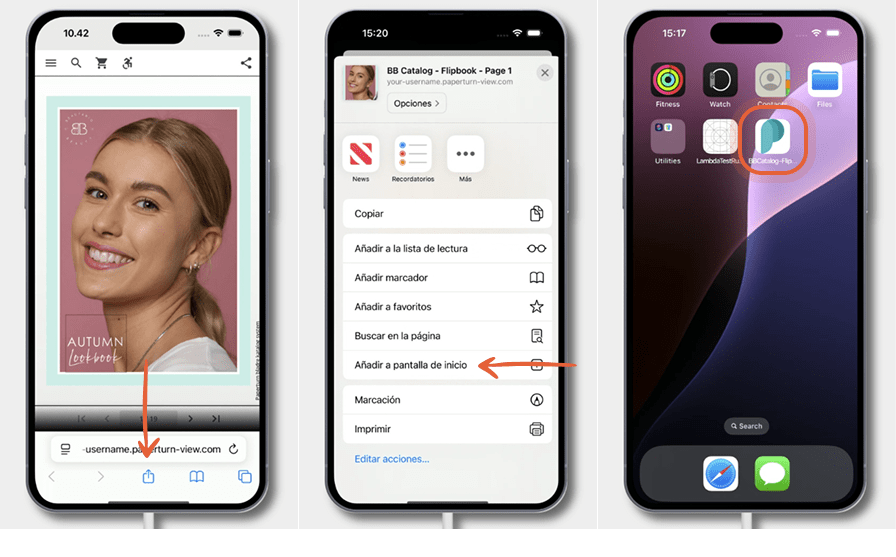Tres pantallas de iPhone muestran cómo añadir una flipbook a la pantalla de inicio: abrir la flipboo