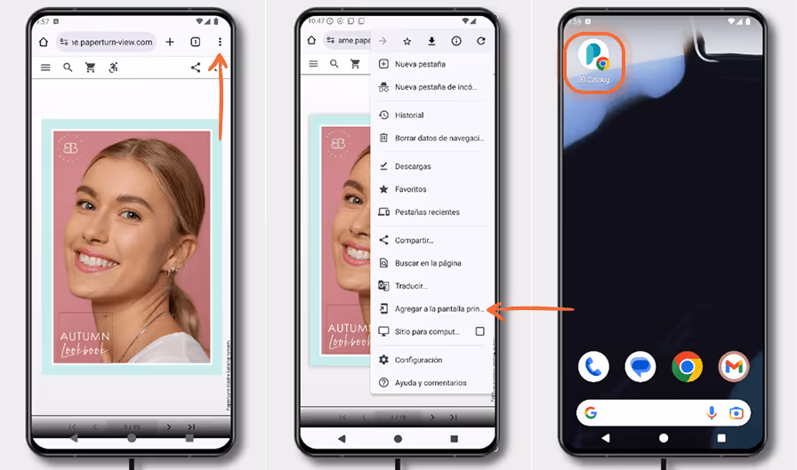 Tres pantallas de Android muestran cómo añadir una flipbook a la pantalla de inicio desde Chrome: ab Tres pantallas de Android muestran cómo añadir una flipbook a la pantalla de inicio desde Chrome: ab
