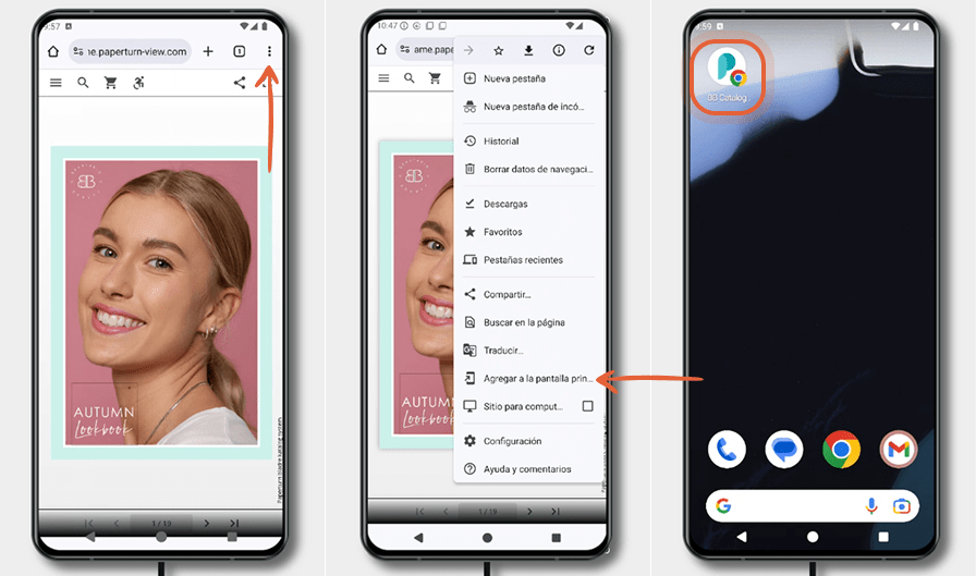 Tres pantallas de Android muestran cómo añadir una flipbook a la pantalla de inicio desde Chrome: ab