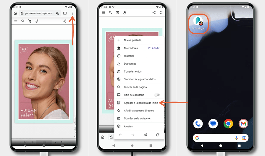 Tres pantallas de Android muestran un diseño alternativo en Chrome para añadir una flipbook a la pan