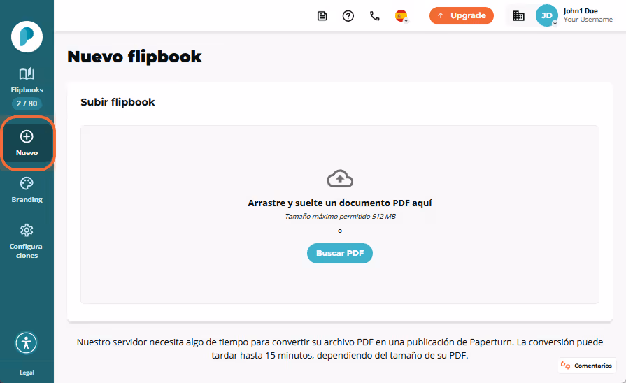 El panel de Papeturn se abre en la página Nuevo flipbook. La barra lateral izquierda lista Flipbooks El panel de Papeturn se abre en la página Nuevo flipbook. La barra lateral izquierda lista Flipbooks