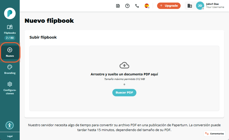 El panel de Papeturn se abre en la página Nuevo flipbook. La barra lateral izquierda lista Flipbooks