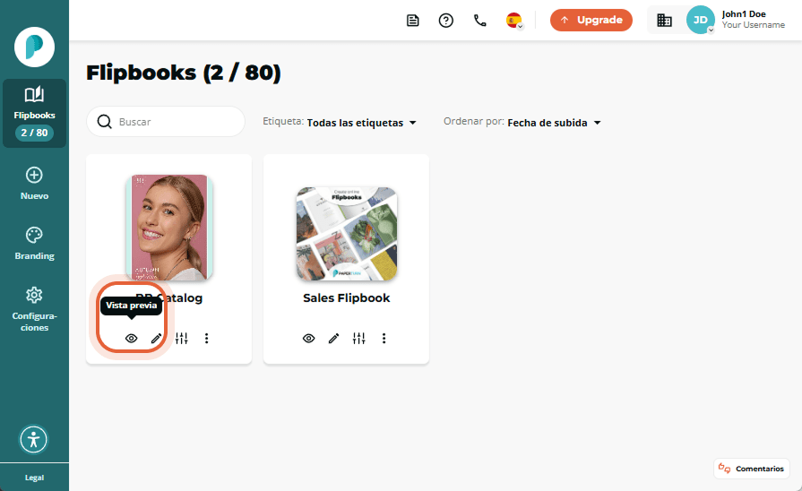 La biblioteca de flipbooks muestra dos tarjetas: una titulada flipbook title y otra example flipbook