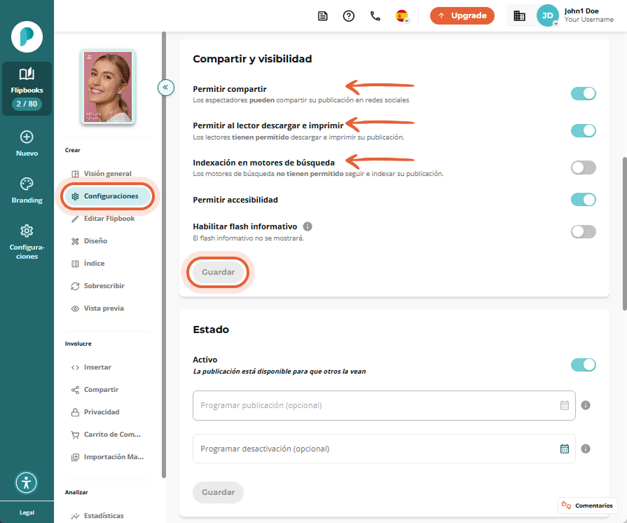 Sección Compartir y visibilidad en Configuración. Los interruptores Permitir compartir y Permitir qu