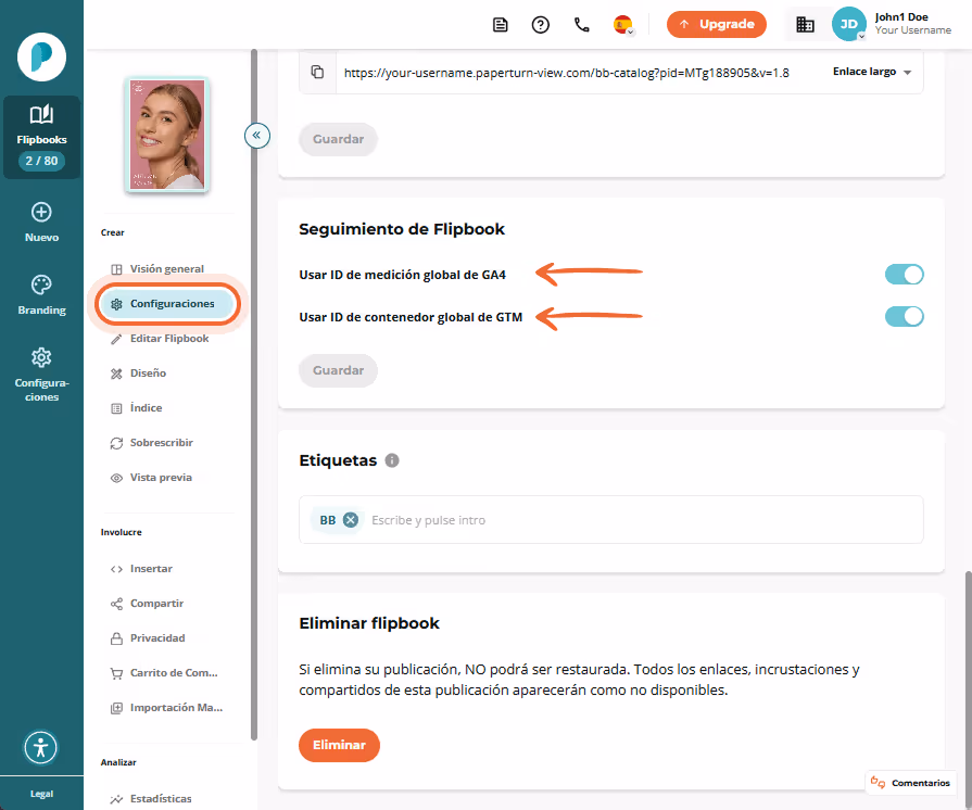Sección Seguimiento del flipbook con los interruptores Usar el ID de medición GA4 global y Usar el I Sección Seguimiento del flipbook con los interruptores Usar el ID de medición GA4 global y Usar el I