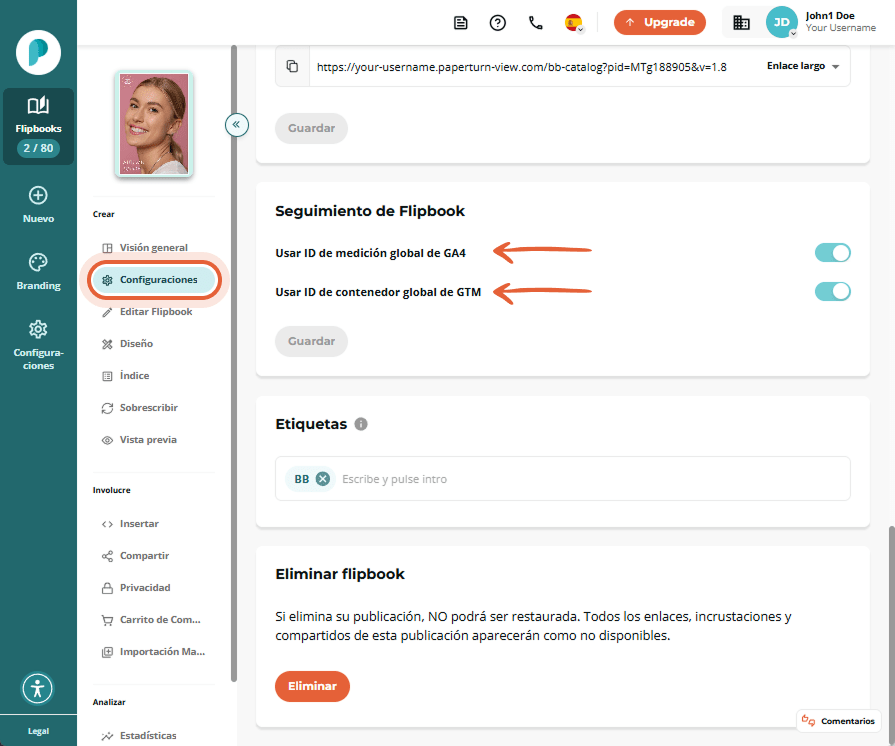 Sección Seguimiento del flipbook con los interruptores Usar el ID de medición GA4 global y Usar el I