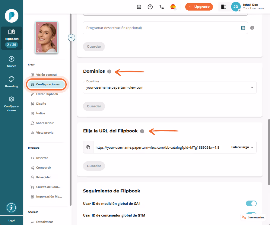 Sección Dominios y Elegir URL del flipbook en la página Configuración. Un desplegable muestra el sub Sección Dominios y Elegir URL del flipbook en la página Configuración. Un desplegable muestra el sub