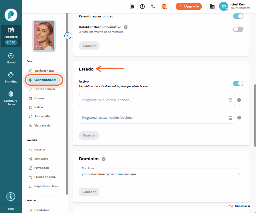 Sección Estado en Configuración. El interruptor Activo está habilitado, hay dos selectores de fecha Sección Estado en Configuración. El interruptor Activo está habilitado, hay dos selectores de fecha