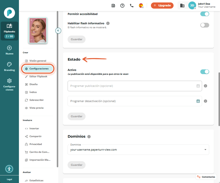Sección Estado en Configuración. El interruptor Activo está habilitado, hay dos selectores de fecha 