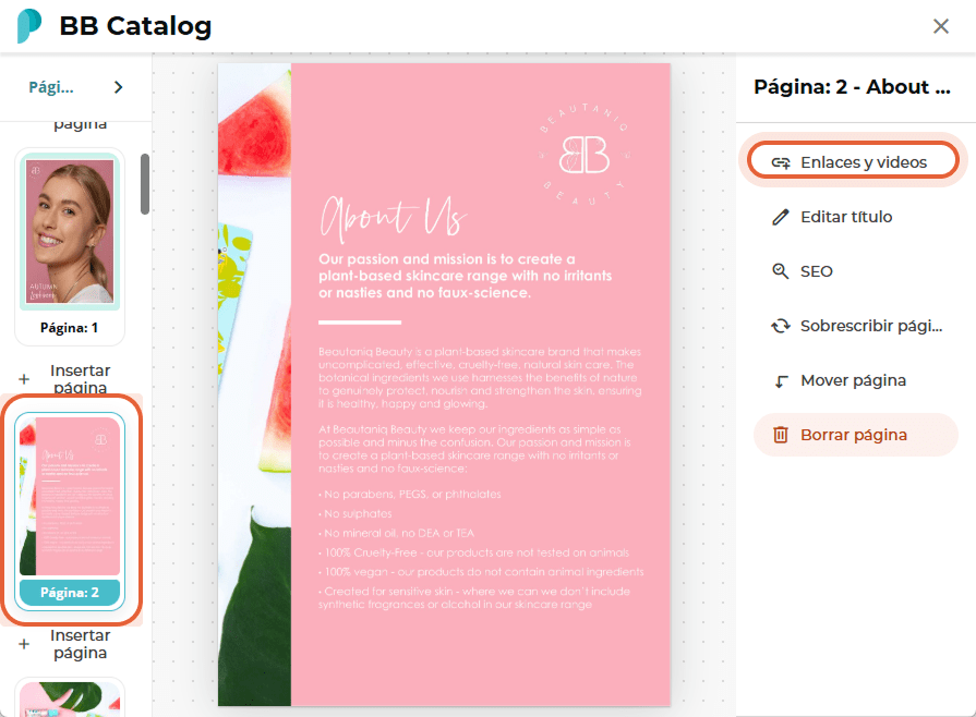 Editor de página de BB Catalog mostrando la Página 2 seleccionada y la opción lateral “Links and vid