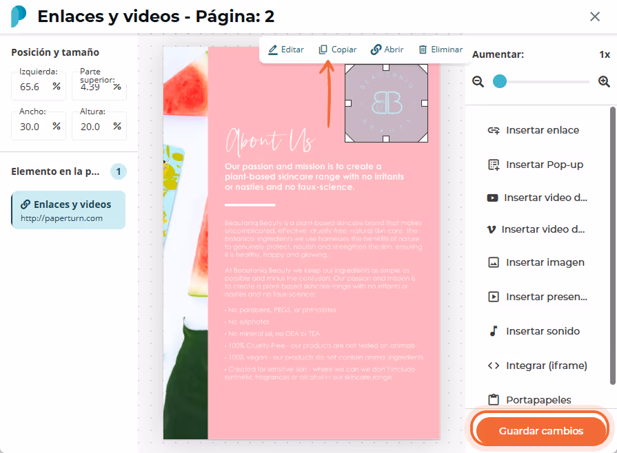 Modal “Links and videos” con un enlace de logo seleccionado bajo la barra de herramientas de copiar; Modal “Links and videos” con un enlace de logo seleccionado bajo la barra de herramientas de copiar;