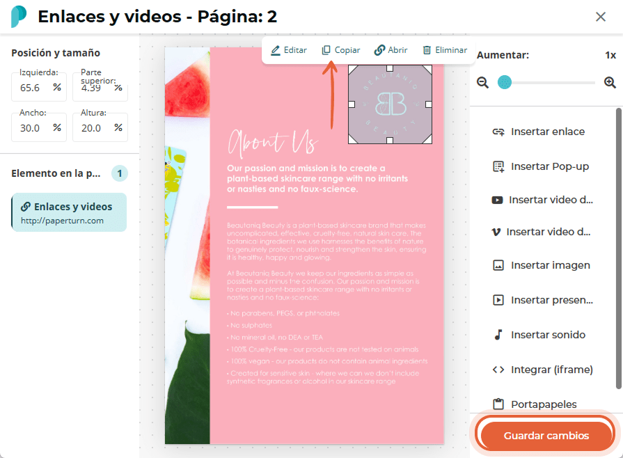 Modal “Links and videos” con un enlace de logo seleccionado bajo la barra de herramientas de copiar;