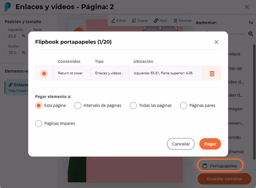 Diálogo del portapapeles de flipbook que muestra un elemento de enlace copiado y opciones de radio s Diálogo del portapapeles de flipbook que muestra un elemento de enlace copiado y opciones de radio s