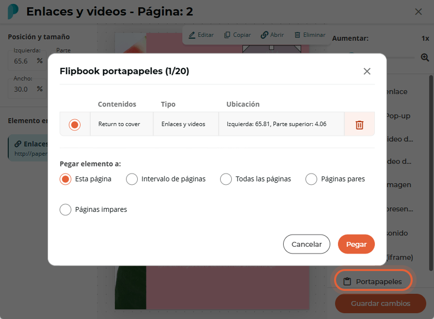 Diálogo del portapapeles de flipbook que muestra un elemento de enlace copiado y opciones de radio s