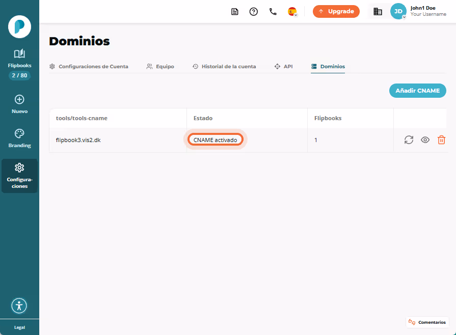 Lista de dominios mostrando una entrada CNAME con la insignia de estado “CNAME activated” resaltada.