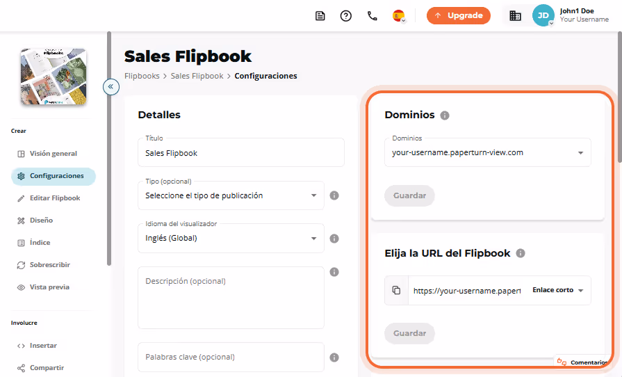 Página de configuración de Sales Flipbook con el menú desplegable Domains vacío y el panel de opcion