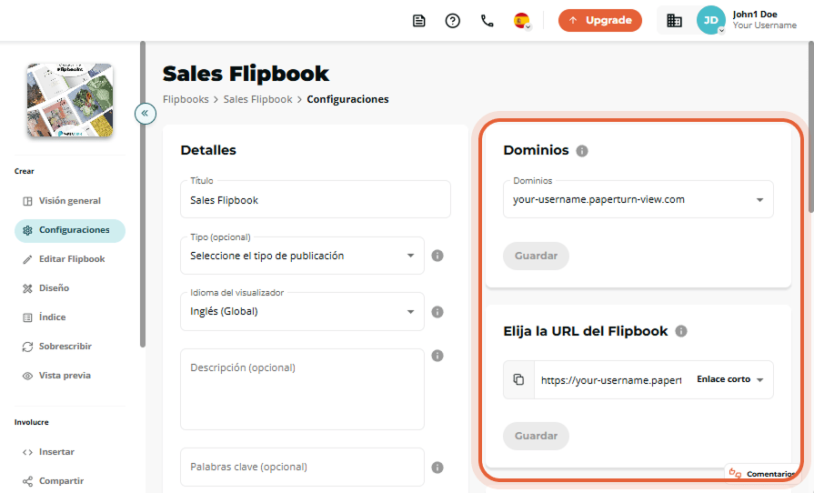 Página de configuración de Sales Flipbook con el menú desplegable Domains vacío y el panel de opcion