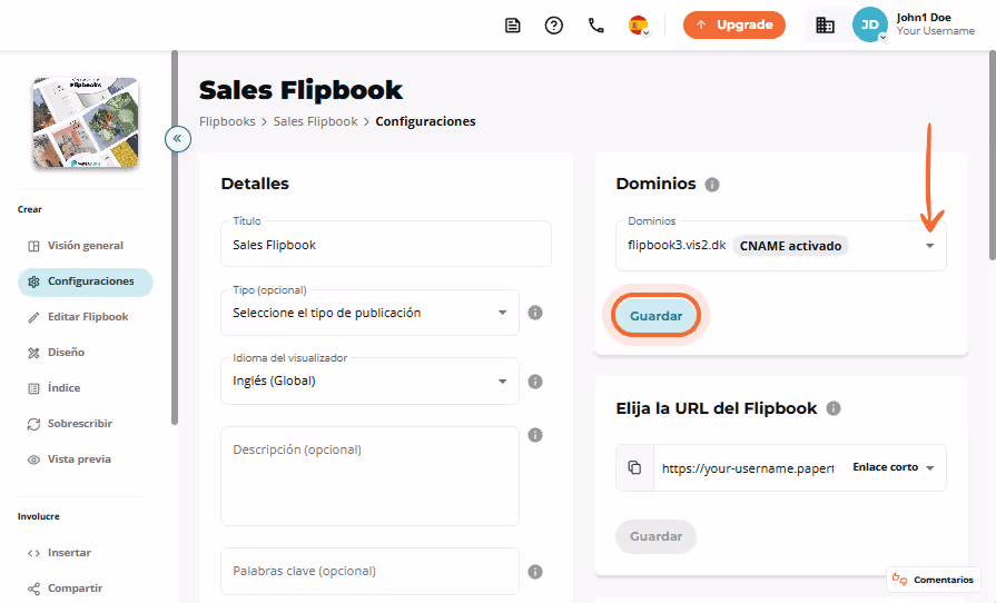 Página de configuración de Sales Flipbook con el CNAME activado seleccionado en el desplegable Domai
