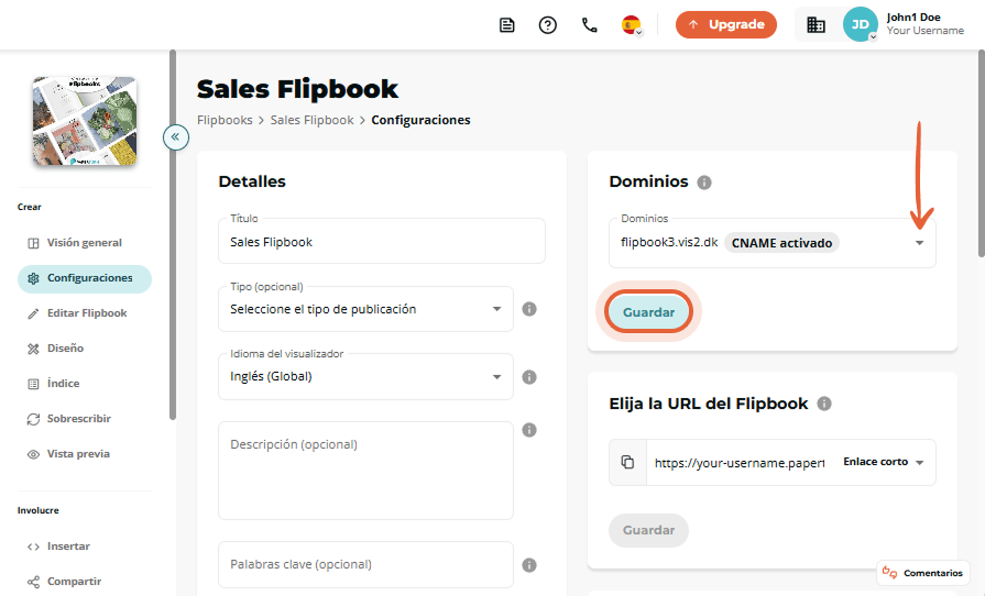 Página de configuración de Sales Flipbook con el CNAME activado seleccionado en el desplegable Domai