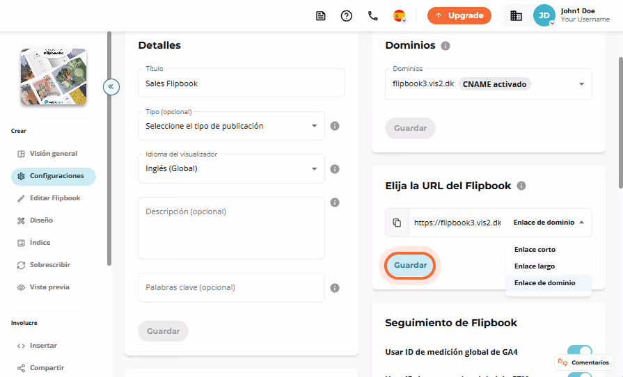 Página de configuración de Sales Flipbook mostrando el tipo de enlace de dominio generado selecciona