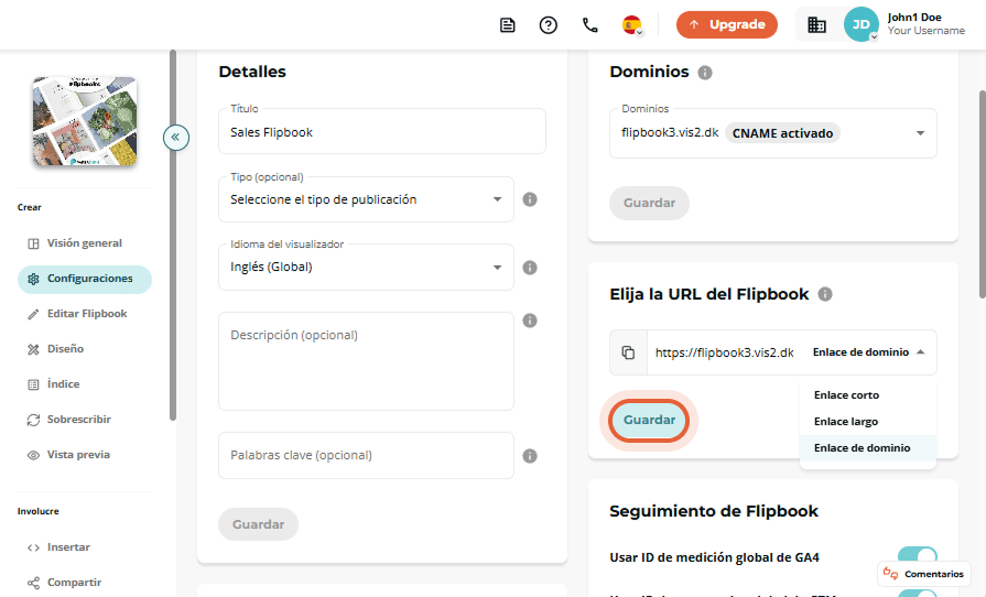 Página de configuración de Sales Flipbook mostrando el tipo de enlace de dominio generado selecciona