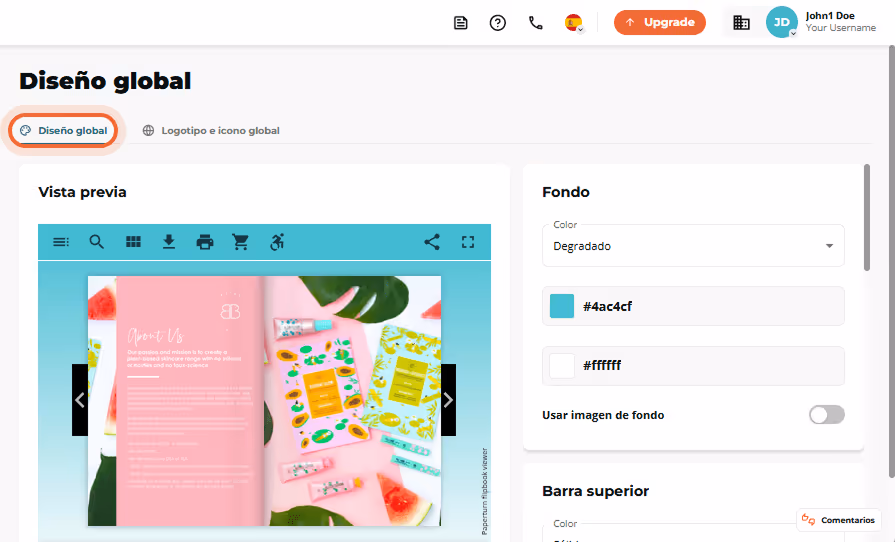 Página de diseño global abierta con la pestaña “Diseño global” activa y vista previa del flipbook co