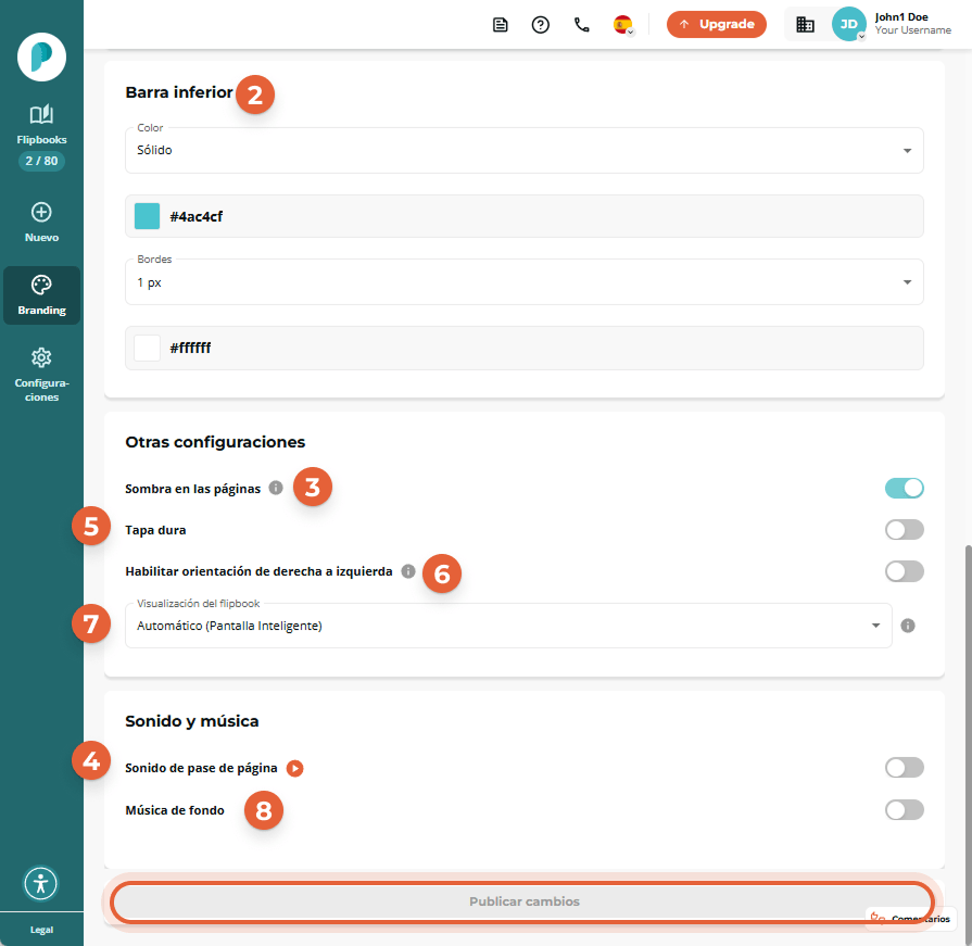 Más abajo: “Barra inferior” marcada con 2, panel de “Otras configuraciones” con interruptores para s