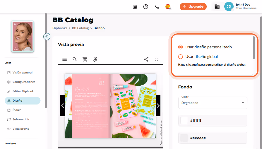 Pestaña de diseño del BB Catálogo, mostrando opciones de radio para “Usar diseño personalizado” o “U