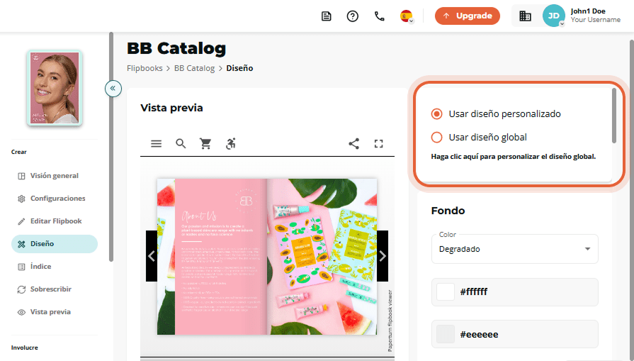 Pestaña de diseño del BB Catálogo, mostrando opciones de radio para “Usar diseño personalizado” o “U