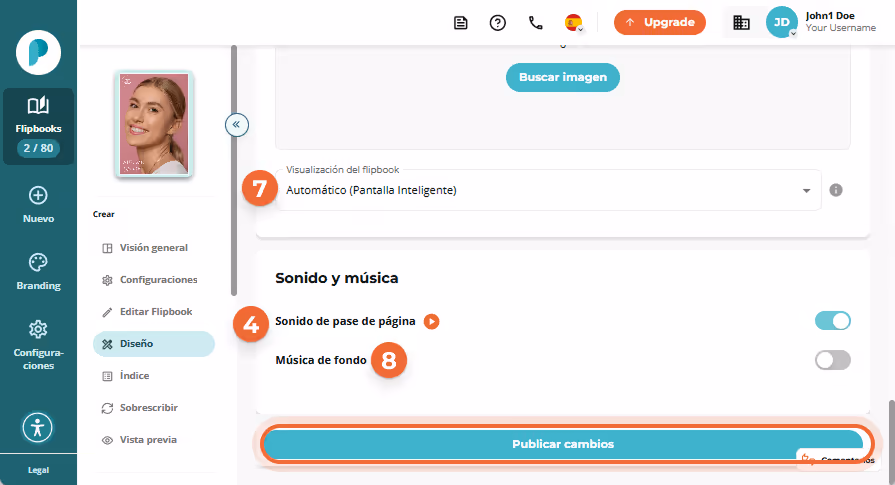 Sección de sonido y música donde el interruptor de sonido de página está marcado con 4, música de fo