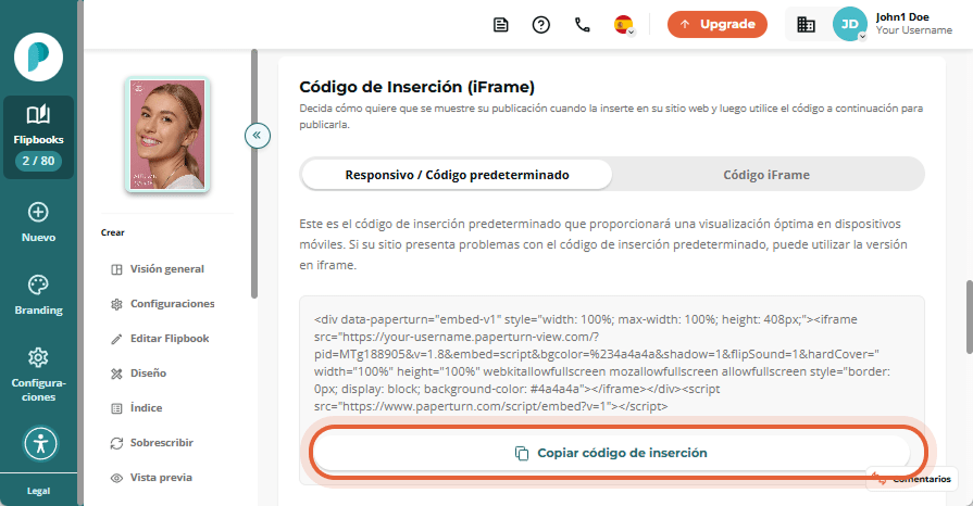 Copia el código de incrustación del flipbook usando el botón 