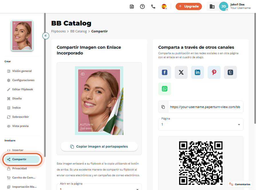 Pestaña Share de “BB Catalog” con una vista previa de imagen-enlace y los iconos de redes sociales v