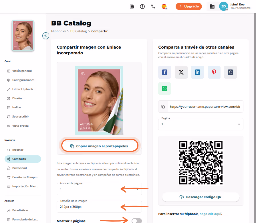 Pestaña Share destacando el botón “Copiar imagen al portapapeles” con las opciones de página y tamañ Pestaña Share destacando el botón “Copiar imagen al portapapeles” con las opciones de página y tamañ