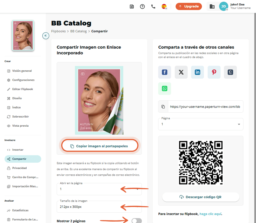 Pestaña Share destacando el botón “Copiar imagen al portapapeles” con las opciones de página y tamañ