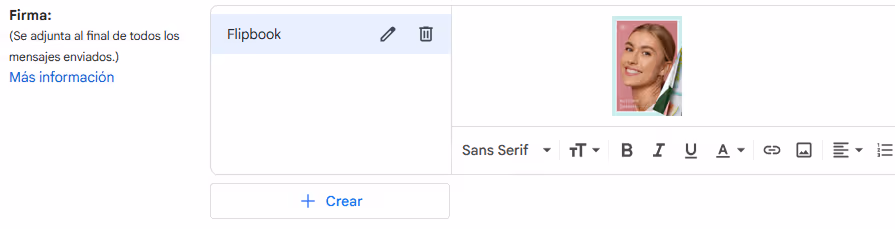 Editor de firmas de Gmail que muestra la imagen de portada del flipbook insertada en la firma. Editor de firmas de Gmail que muestra la imagen de portada del flipbook insertada en la firma.