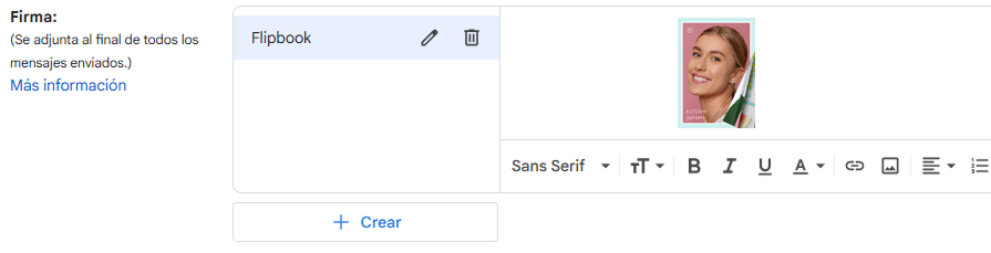 Editor de firmas de Gmail que muestra la imagen de portada del flipbook insertada en la firma.
