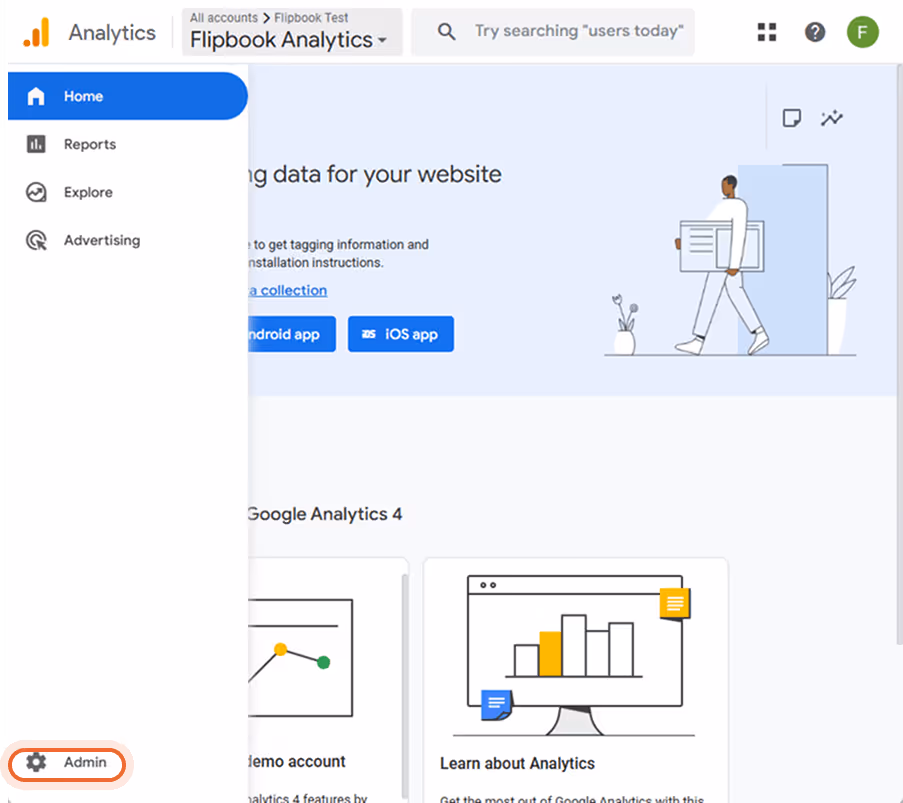 Pantalla de inicio de Google Analytics que muestra la cuenta de Flipbook Analytics y una barra later