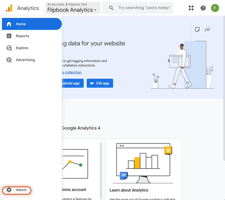 Pantalla de inicio de Google Analytics que muestra la cuenta de Flipbook Analytics y una barra later