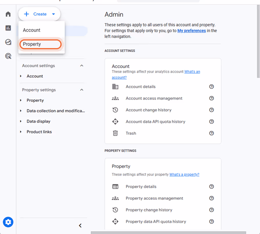 Sección de administración en Google Analytics con la opción de crear una nueva propiedad seleccionad