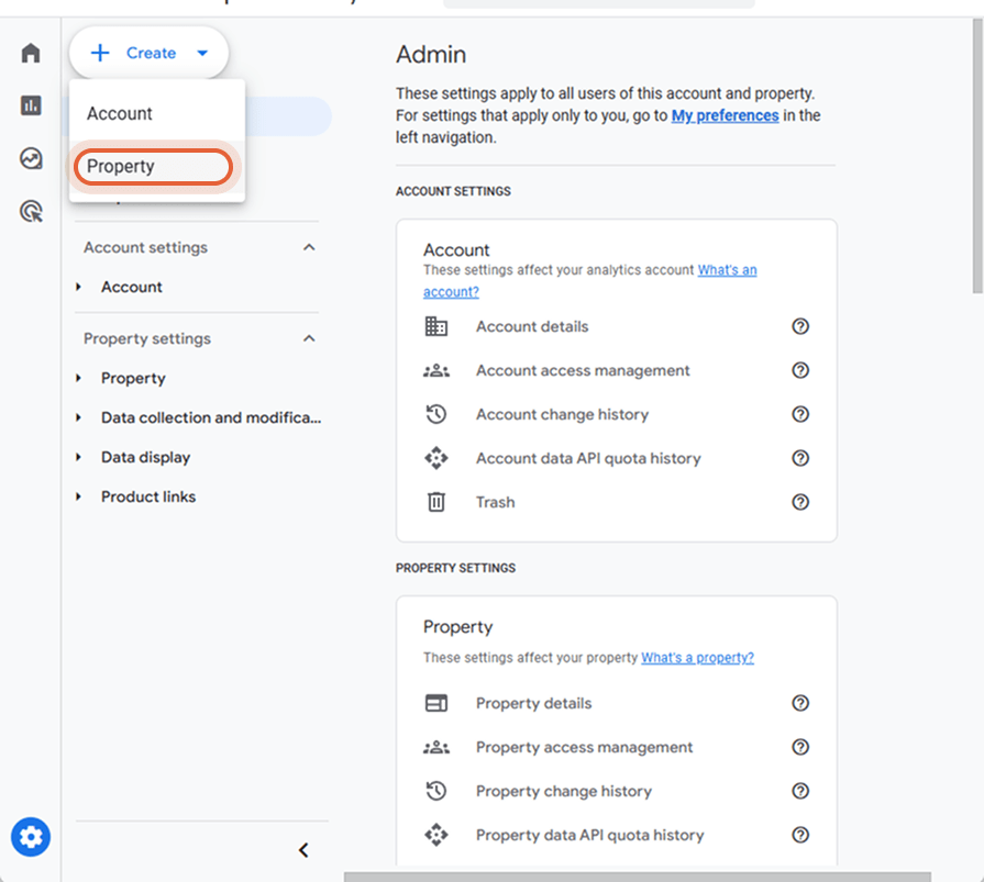 Sección de administración en Google Analytics con la opción de crear una nueva propiedad seleccionad