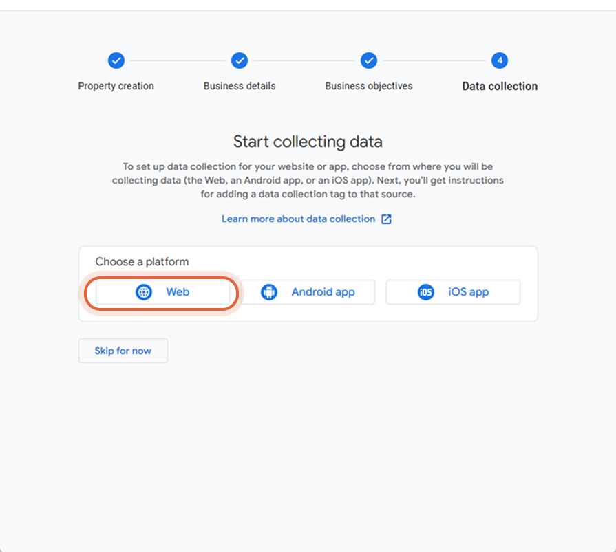 Configuración de la recopilación de datos en Google Analytics con la plataforma Web resaltada.