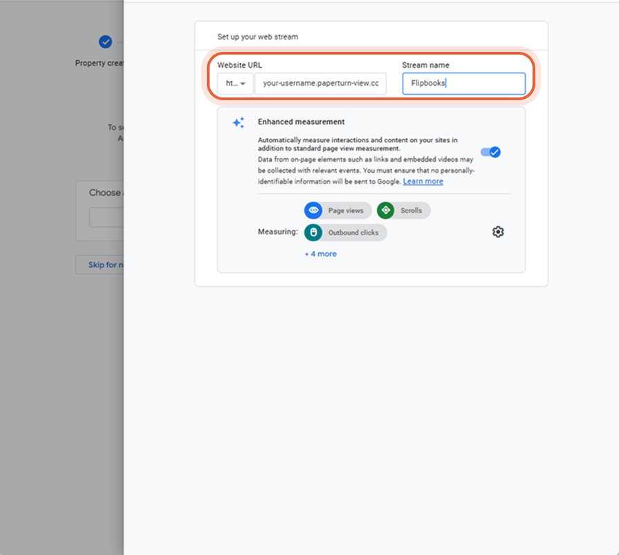Configuración de la transmisión web con campos para la URL del sitio web y el nombre de la transmisi