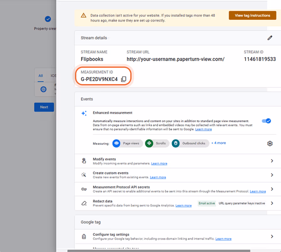 Detalles del flujo web con ID de medición y configuración de medición mejorada.