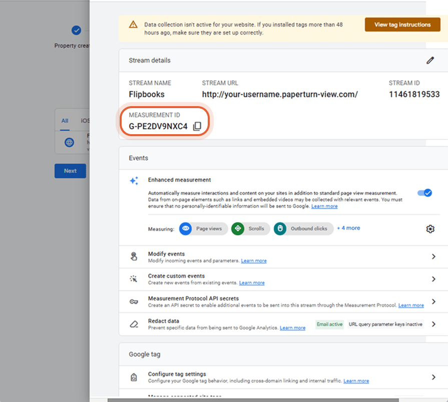 Detalles del flujo web con ID de medición y configuración de medición mejorada.