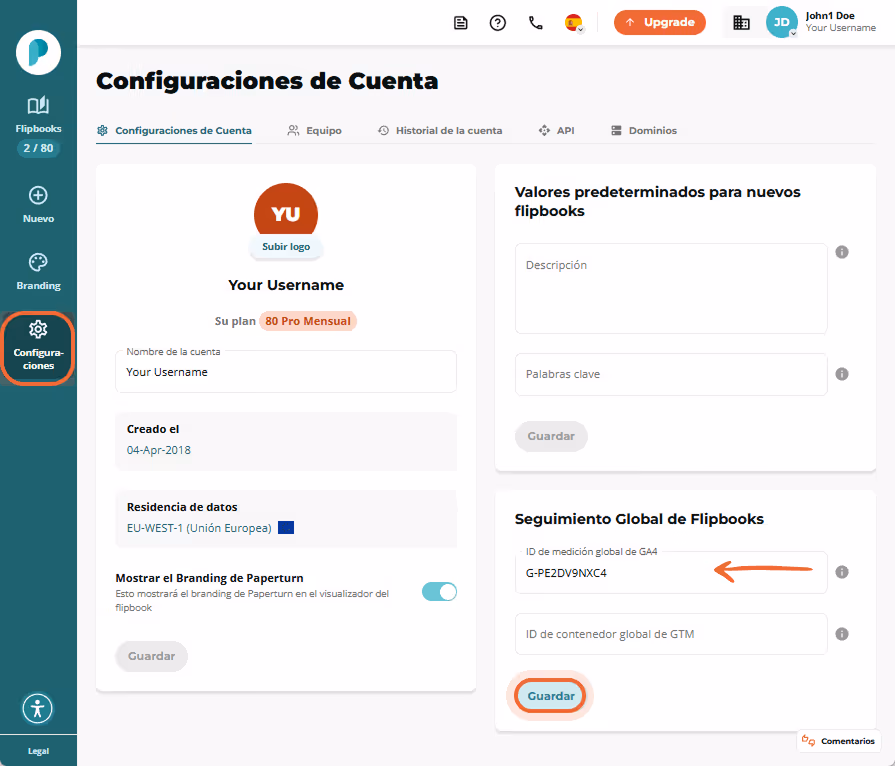 Página de configuración de cuenta de Paperturn que muestra dónde ingresar el ID de medición de GA4.