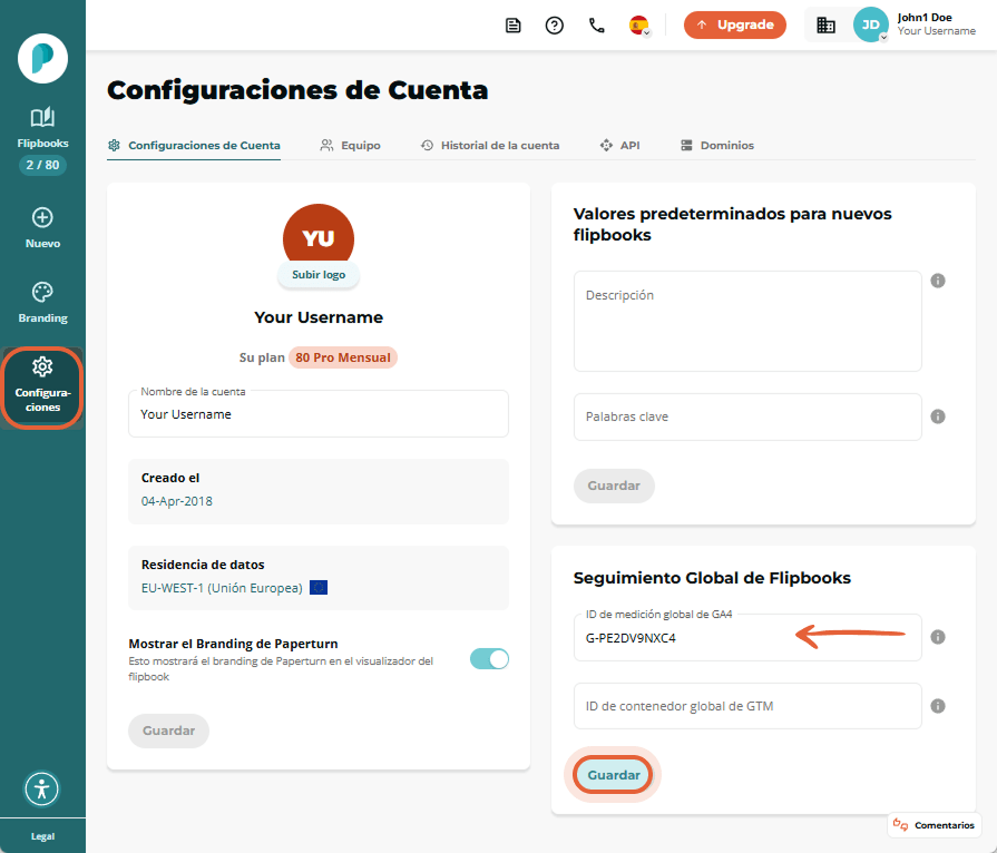 Página de configuración de cuenta de Paperturn que muestra dónde ingresar el ID de medición de GA4.