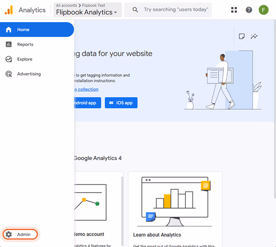 Área de administración de Google Analytics con creación de propiedades y configuración de propiedade